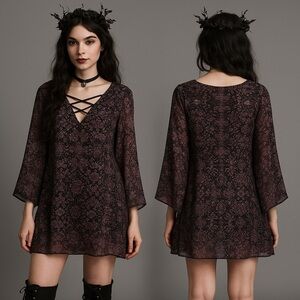 Womens Floral Sheer Mini Dress Cover Dark Fairy Forest Hippie Boho Peasent M Y2k